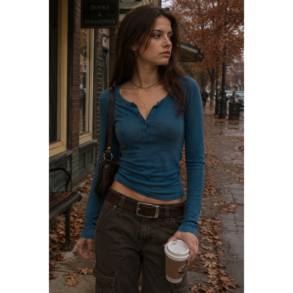 Mossimo XXL Teal Henley Long Sleeve Top Y2K Bella Swan Mallcore 2000s Ribbed Tee